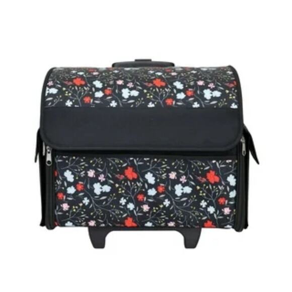 Rolling Sewing Craft Trolley Bag Black Floral Craft Organizer on Wheels New - Picture 6 of 9